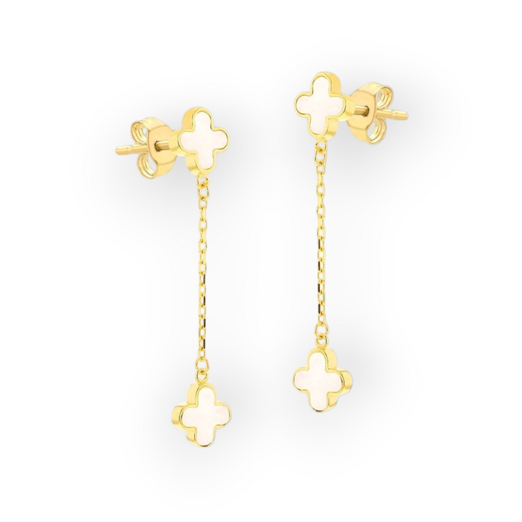9ct Gold Mother of Pearl Clover Drop Earrings Diana O Mahony
