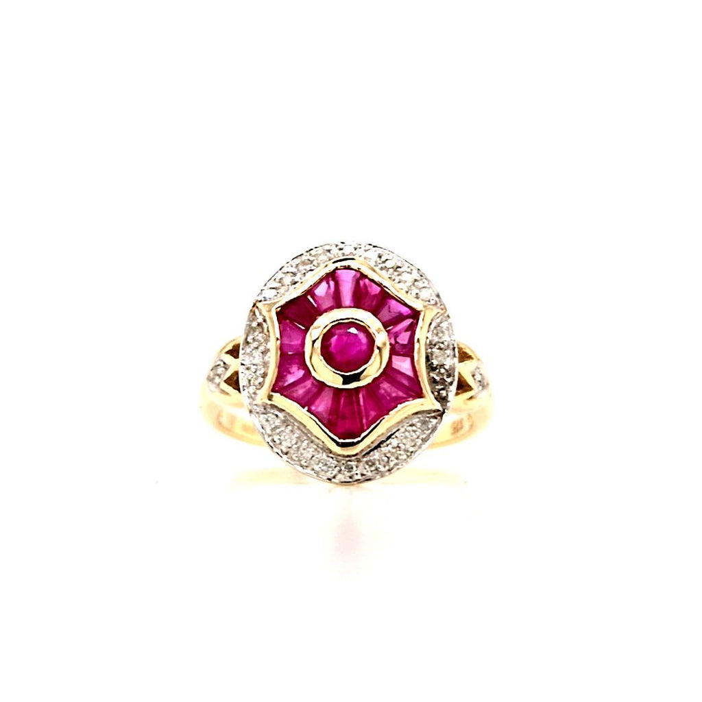 9ct Gold Ruby Diamond Art Deco Style Target Cluster Ring Diana