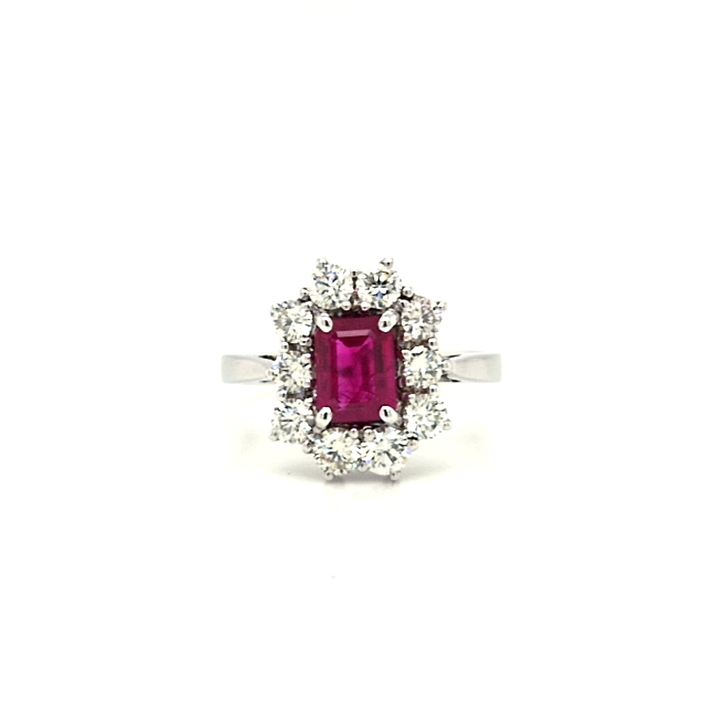 18ct White Gold Emerald cut Ruby Diamond Cluster Ring Diana O