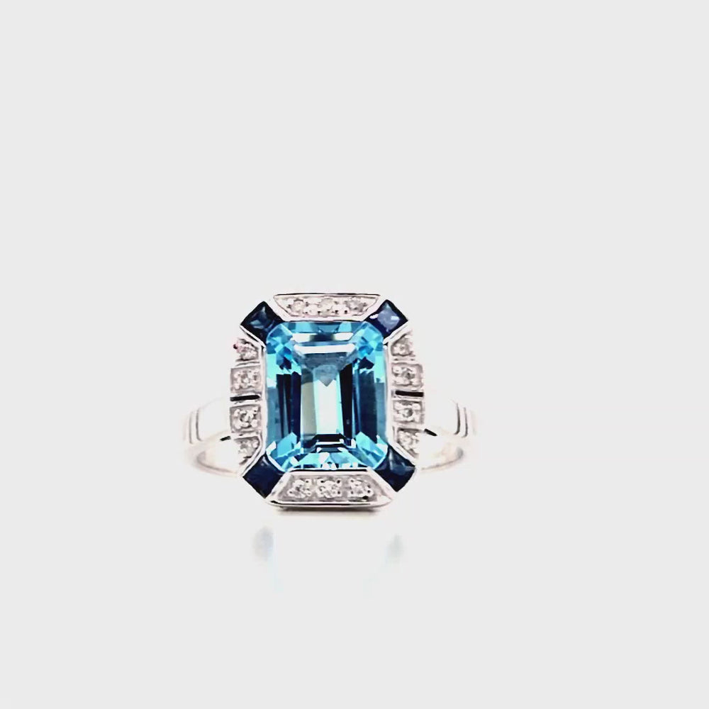 
                
                    Load and play video in Gallery viewer, 9ct White Gold Topaz, Sapphire &amp;amp; Diamond Art Deco Style Cluster Ring
                
            
