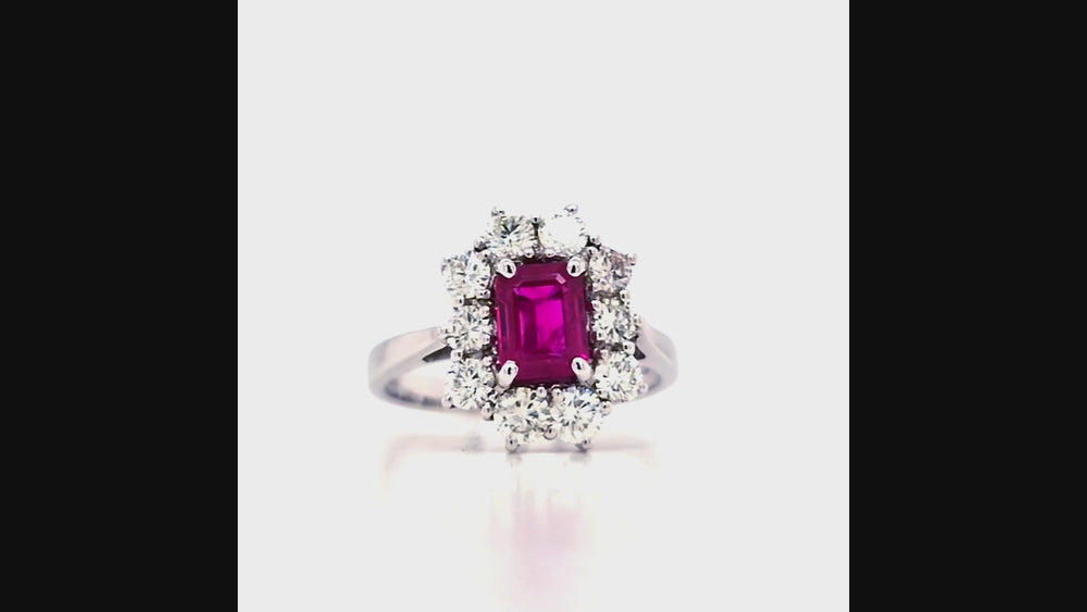 
                
                    Load and play video in Gallery viewer, 18ct White Gold Emerald-cut Ruby &amp;amp; Diamond Cluster Ring
                
            