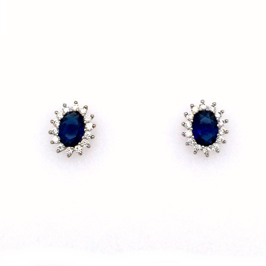 Sterling Silver Classic Style Oval Sapphire Blue CZ Cluster Earrings - Diana O'Mahony Jewellers