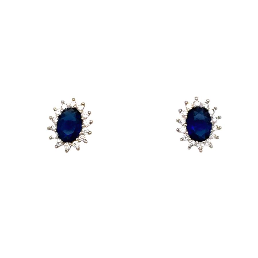 Sterling Silver Classic Style Oval Sapphire Blue CZ Cluster Earrings