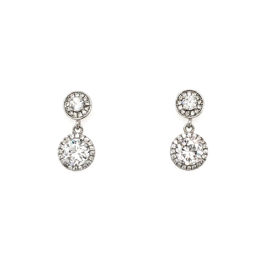 Sterling Silver Double Round Halo Cluster Bridal Style Drop Earrings - Diana O'Mahony Jewellers