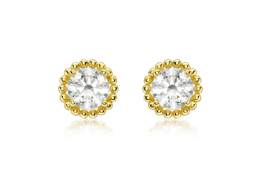 9ct Gold Bead Edge CZ Stud Earrings - Diana O'Mahony Jewellers