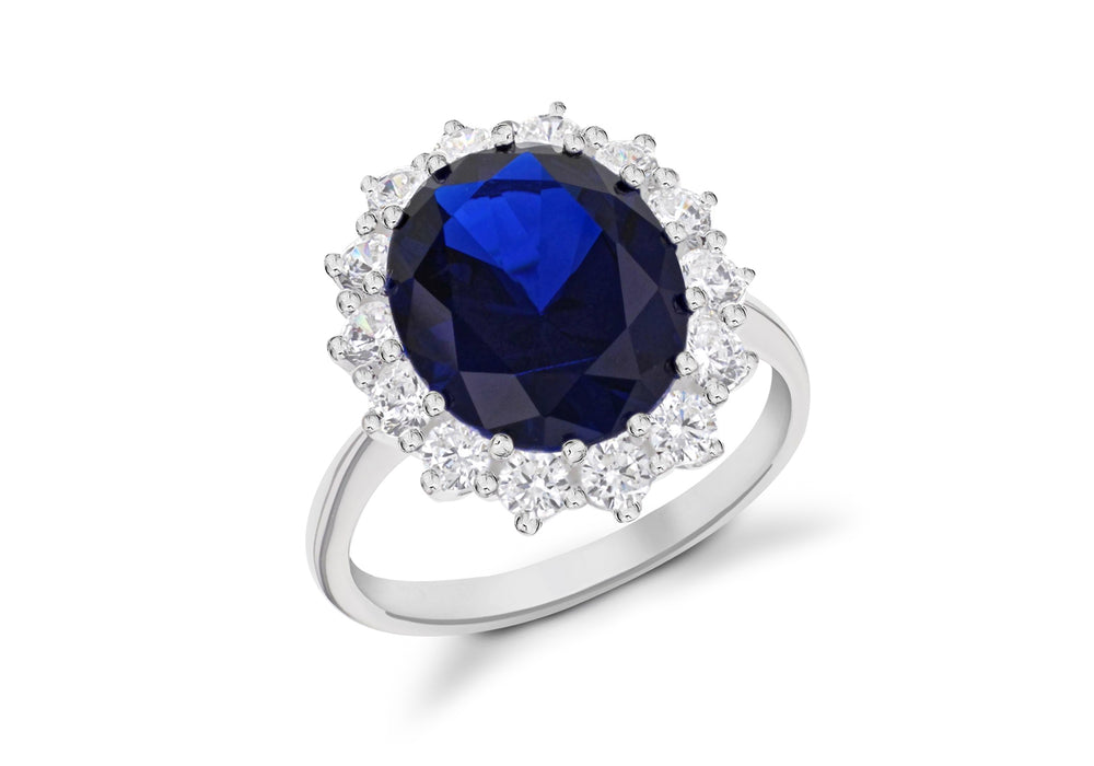 Sterling Silver Oval Sapphire Blue CZ Kate Middleton Cluster Ring - Diana O'Mahony Jewellers