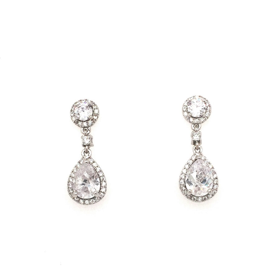 Sterling Silver Vintage Style Round and Teardrop Cluster Bridal CZ Earrings - Diana O'Mahony Jewellers