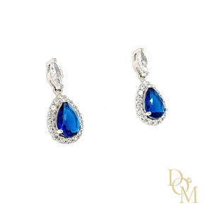 Sterling Silver Sapphire Blue CZ Cluster Drop Earrings