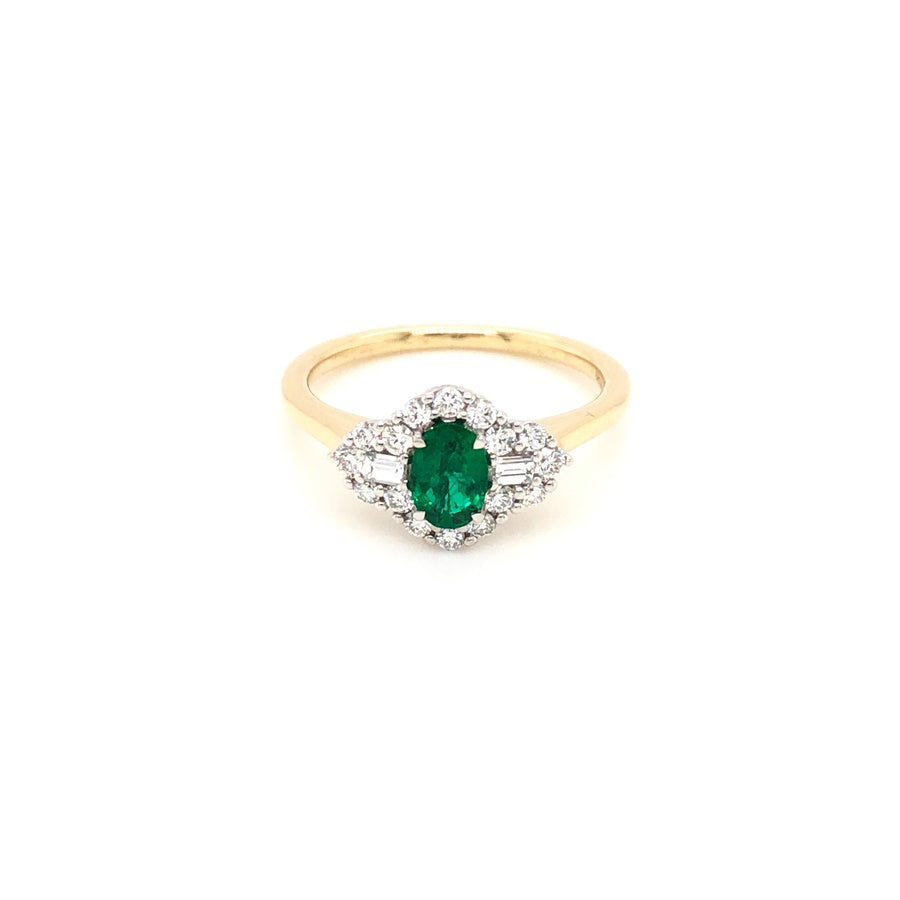 18ct Gold Emerald & Diamond Cluster with Baguette Sides