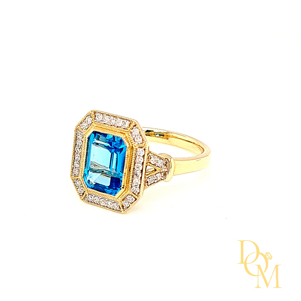 Art Deco Style Blue Topaz & Diamond Cluster Ring
