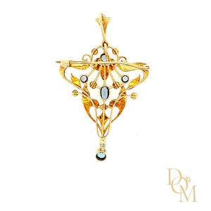 Art Nouveau 15ct Gold Aquamarine & Pearl Pendant/Brooch