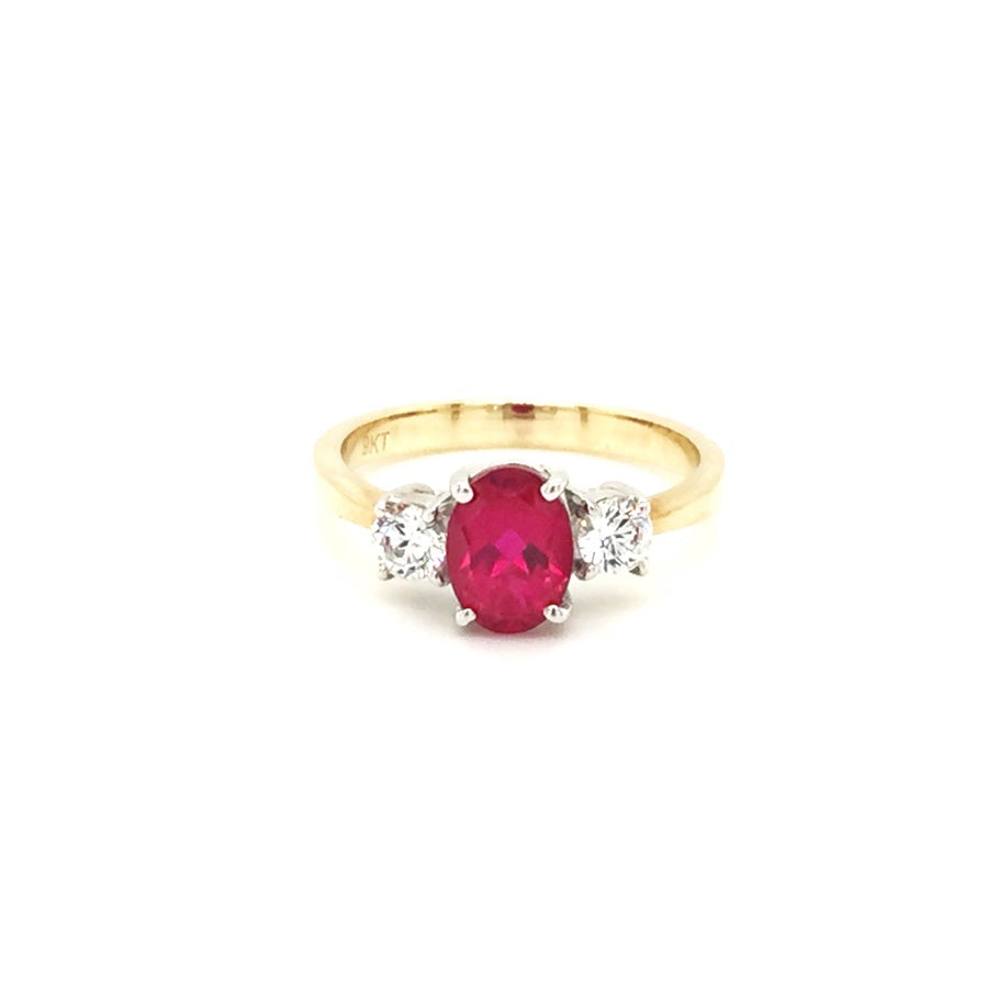 9ct Gold Ruby Cubic Zirconia Three Stone Ring - Diana O'Mahony Jewellers