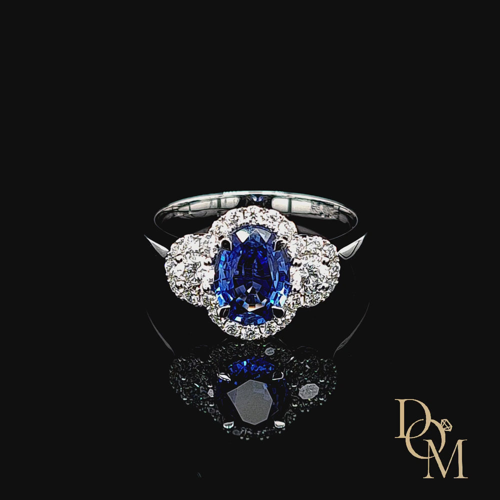 
                
                    Load and play video in Gallery viewer, 18ct White Gold Sapphire &amp;amp; Diamond Three Stone Halo Cluster Ring
                
            