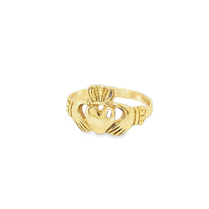 plain yellow gold Claddagh ring-crowned heart held with hands