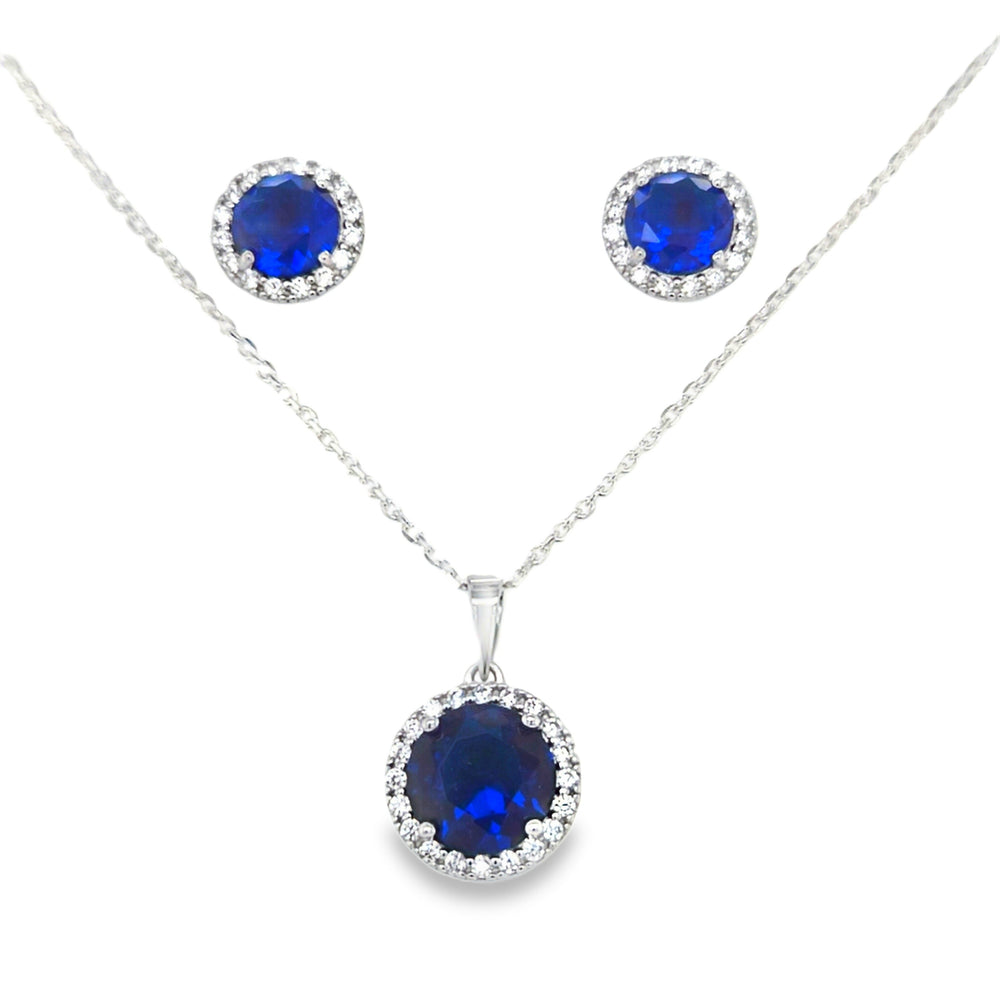 Sterling Silver Sapphire Blue CZ Cluster Pendant & Earrings Set