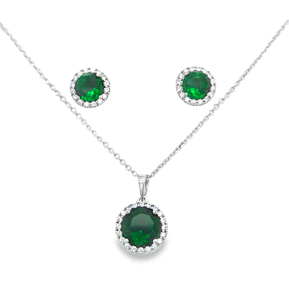 Sterling Silver Emerald Green CZ Cluster Pendant & Earrings Set