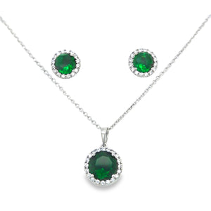 Round cluster pendant & earring set with emerald green cz in the centre surrounded by white CZs on a white background.