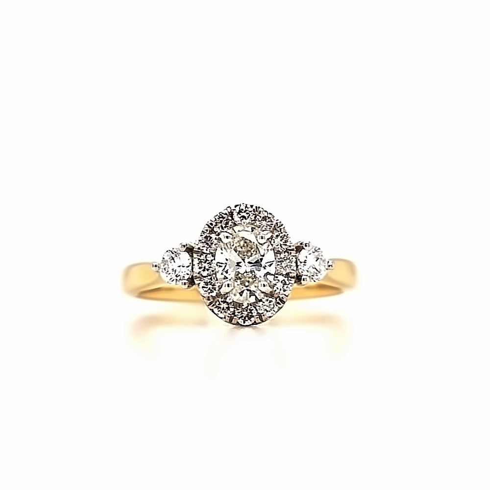 18ct Gold Oval Halo Cluster Three Stone Diamond Engagement Ring- 0.89ct