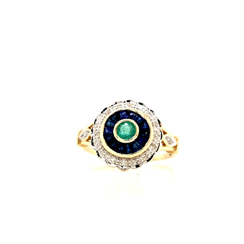 
                
                    Load image into Gallery viewer, 9ct Gold Emerald, Sapphire &amp;amp; Diamond Art Deco Style Target Cluster Ring
                
            