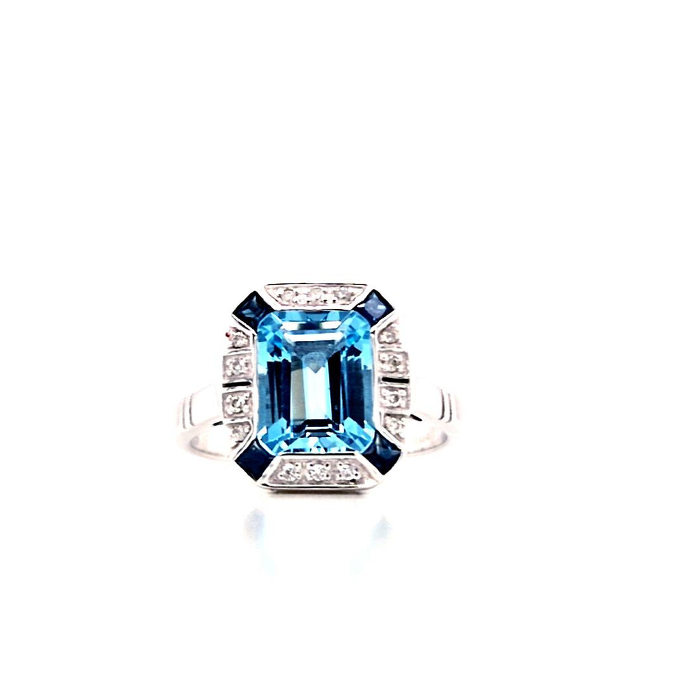 9ct White Gold Topaz, Sapphire & Diamond Art Deco Style Cluster Ring