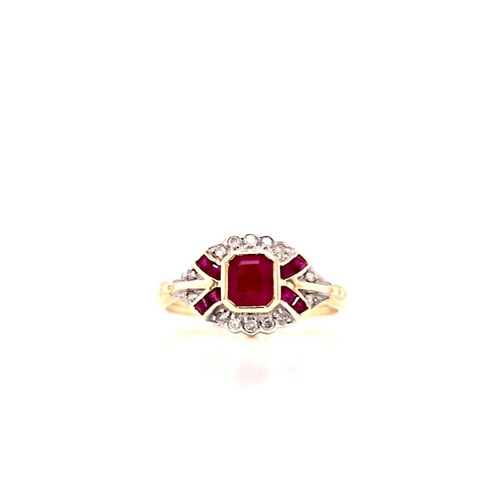 9ct Gold Ruby & Diamond Art Deco Style Cluster Ring