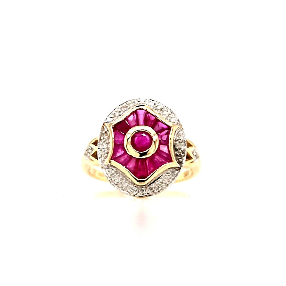 
                
                    Load image into Gallery viewer, 9ct Gold Ruby &amp;amp; Diamond Art Deco Style Target Cluster Ring
                
            