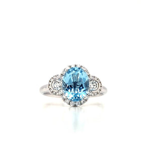 18ct White Gold Aquamarine & Diamond Three Stone Cluster Ring