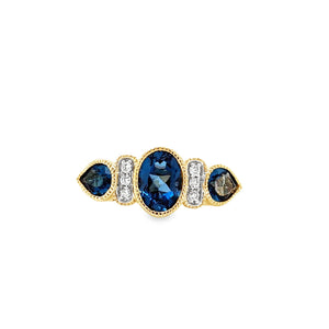 Art Deco Style 9ct Gold London Blue Topaz & Diamond Ring