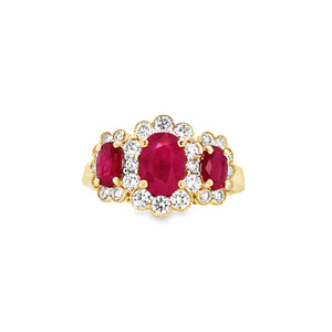 18ct Gold Ruby & Diamond 3 Stone Daisy Cluster