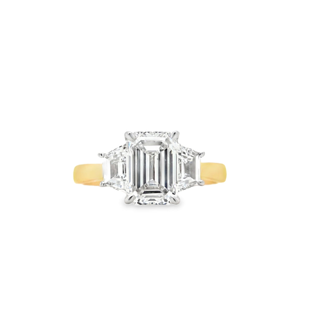 18ct Gold Emerald & Trapezoid Cut Three Stone Lab Grown Diamond Engagement Ring- 2.77ct