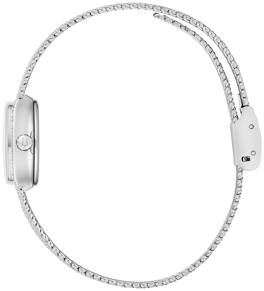 Side view: Bulova “Goddess of Time” women’s watch with stainless steel tonneau case. 