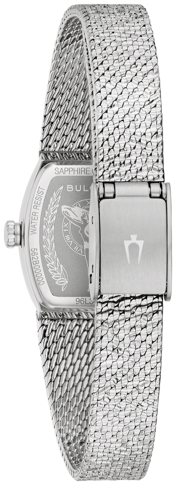 Rear view: Bulova “Goddess of Time” women’s watch showing mesh bracelet and Bulova logo engraved clasp