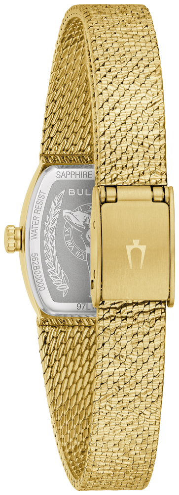 Back view: Bulova “Goddess of Time” women’s watch showing clasp with Bulova Logo