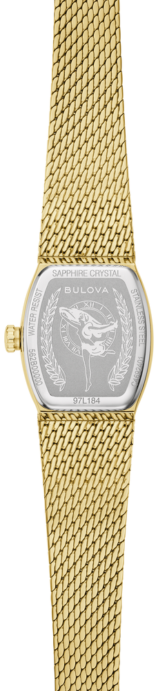 Caseback view: Bulova “Goddess of Time” women’s watch showing the stainless steel caseback with Goddess engraving.