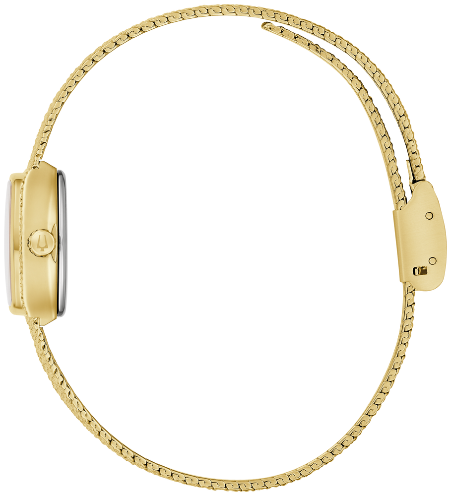 Side view: Bulova “Goddess of Time” women’s watch with green malachite dial and gold-tone tonneau case.