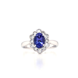 
                
                    Load image into Gallery viewer, 18ct White Gold Tanzanite &amp;amp; Diamond Daisy Cluster Ring
                
            