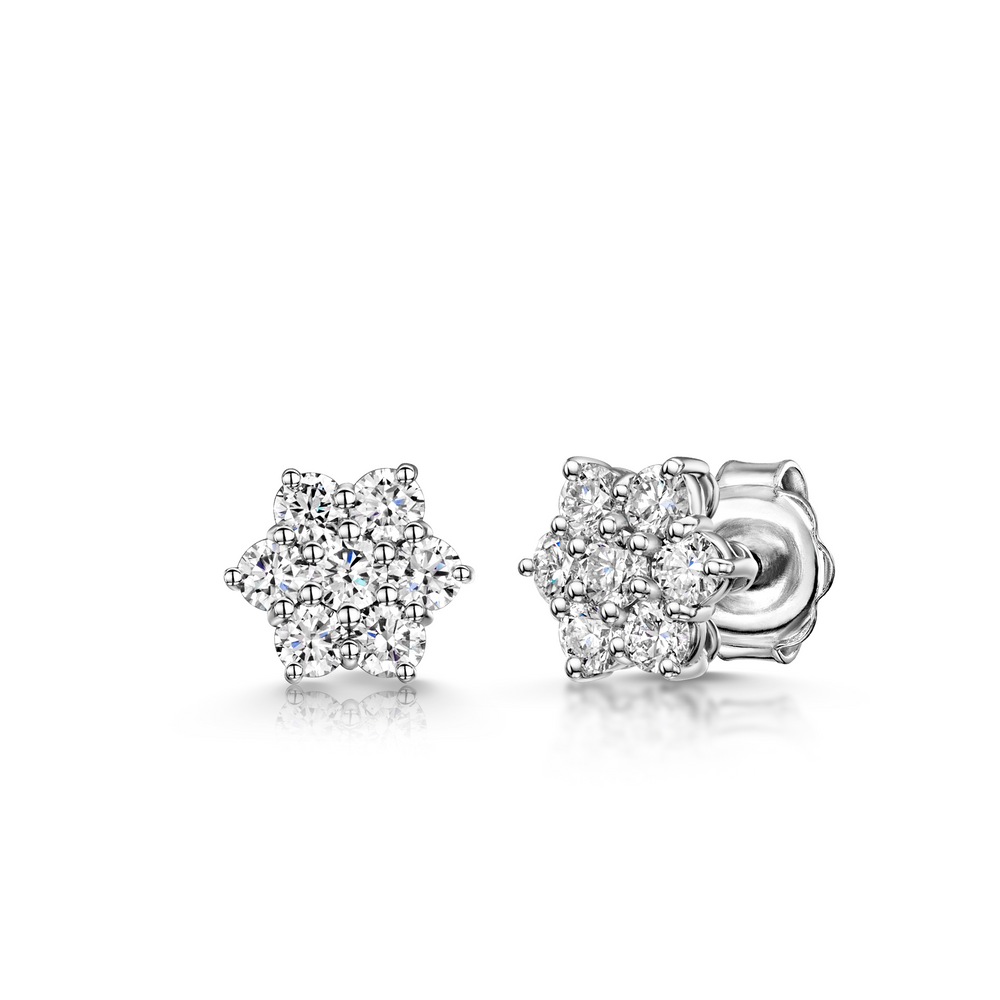 18ct White Gold Daisy Cluster Diamond Stud Earrings- 1.00ct