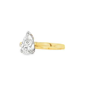 18ct yellow gold and platinum pear-cut diamond solitaire engagement ring, 0.90ct G colour, GIA certified, featuring tapered yellow gold band and platinum claw setting on a white background.