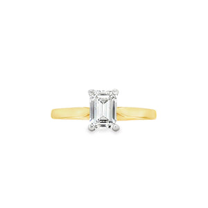 18ct yellow gold and platinum emerald-cut diamond solitaire engagement ring, 0.90ct E colour mined diamond, GIA certified, with tapered yellow gold band and platinum claw setting on a white background