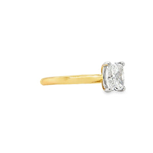 18ct yellow gold and platinum elongated cushion-cut diamond solitaire engagement ring, 1.00ct F colour mined diamond, GIA certified, featuring tapered yellow gold band and platinum claw setting on a white background.