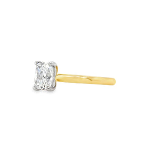 18ct yellow gold and platinum elongated cushion-cut diamond solitaire engagement ring, 1.00ct F colour mined diamond, GIA certified, featuring tapered yellow gold band and platinum claw setting on a white background.