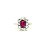 18ct White Gold Emerald-cut Ruby & Diamond Cluster Ring