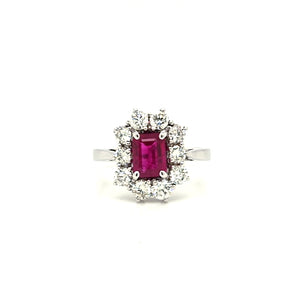 
                
                    Load image into Gallery viewer, 18ct White Gold Emerald-cut Ruby &amp;amp; Diamond Cluster Ring
                
            