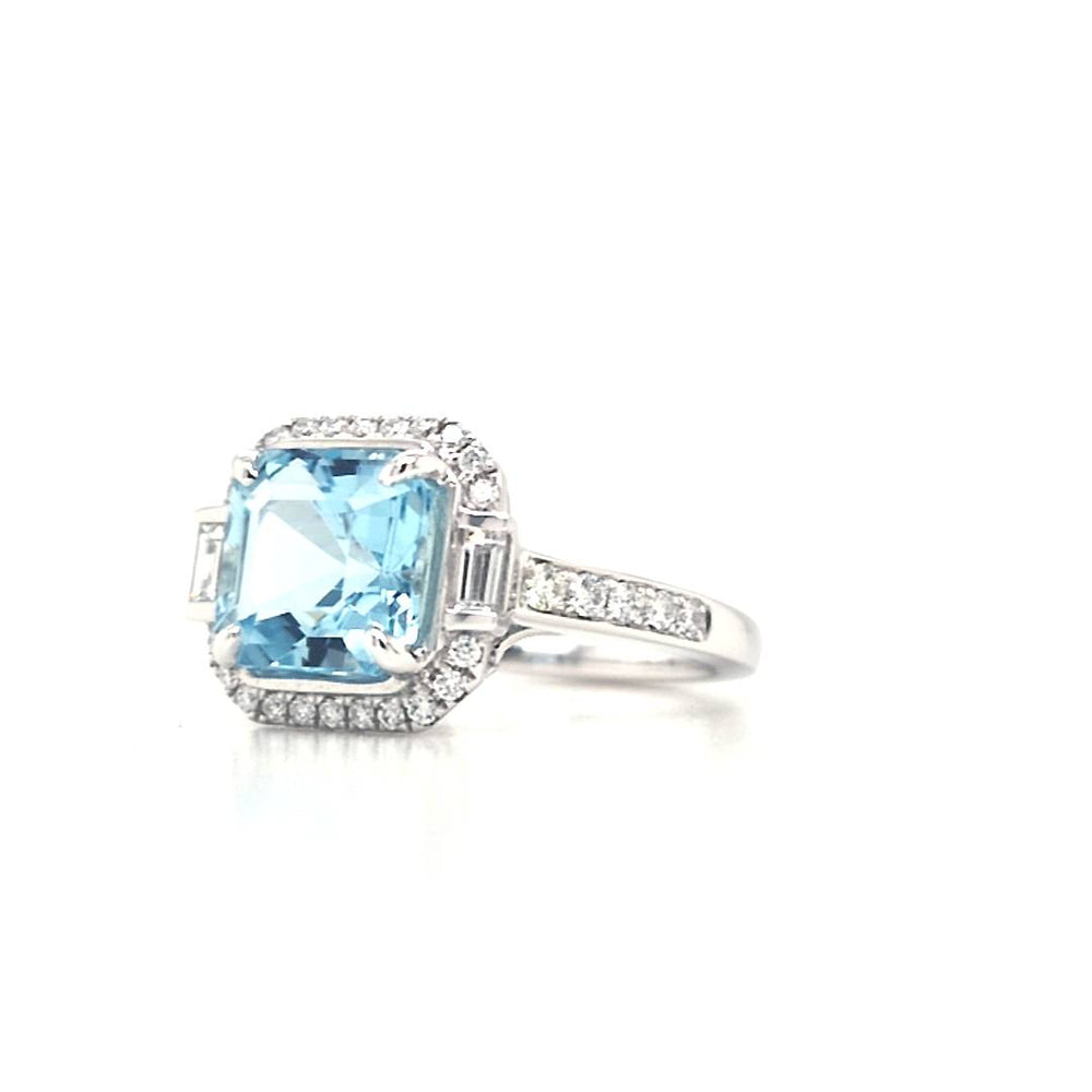 Platinum Aquamarine & Diamond Art Deco Style Cluster Ring