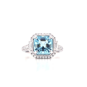 Platinum Aquamarine & Diamond Art Deco Style Cluster Ring