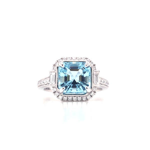 Platinum Aquamarine & Diamond Art Deco Style Cluster Ring