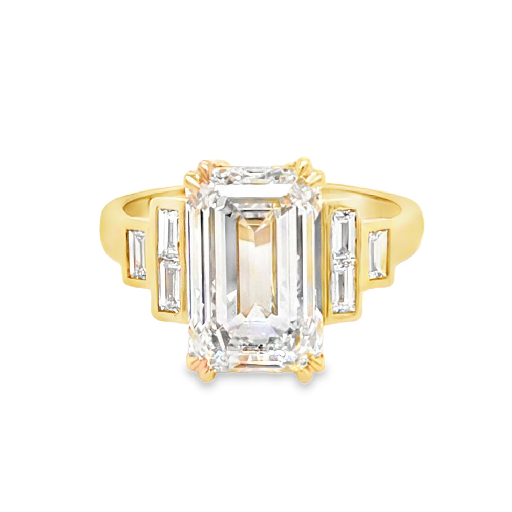 18ct Gold Emerald-cut Lab Grown Diamond Engagement Ring with Baguette Sides- 4.90ct