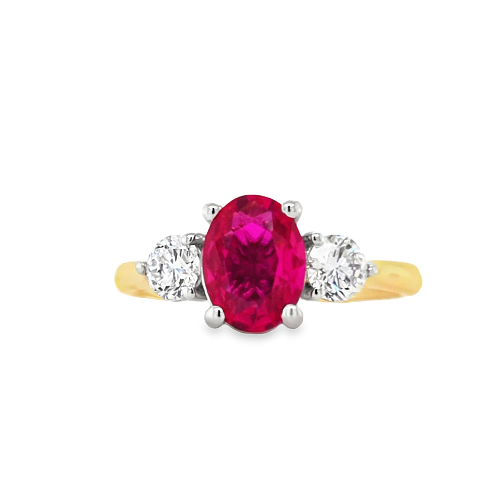 18ct Gold & Platinum Lab Grown Ruby & Diamond Three Stone Diamond Ring
