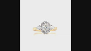 
                
                    Load and play video in Gallery viewer, 18ct Gold Oval Halo Cluster Three Stone Diamond Engagement Ring- 0.89ct
                
            