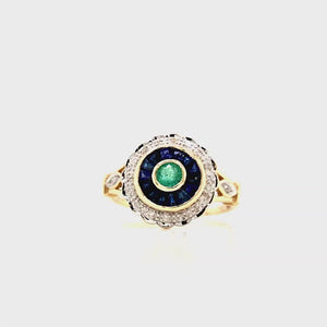 
                
                    Load and play video in Gallery viewer, 9ct Gold Emerald, Sapphire &amp;amp; Diamond Art Deco Style Target Cluster Ring
                
            
